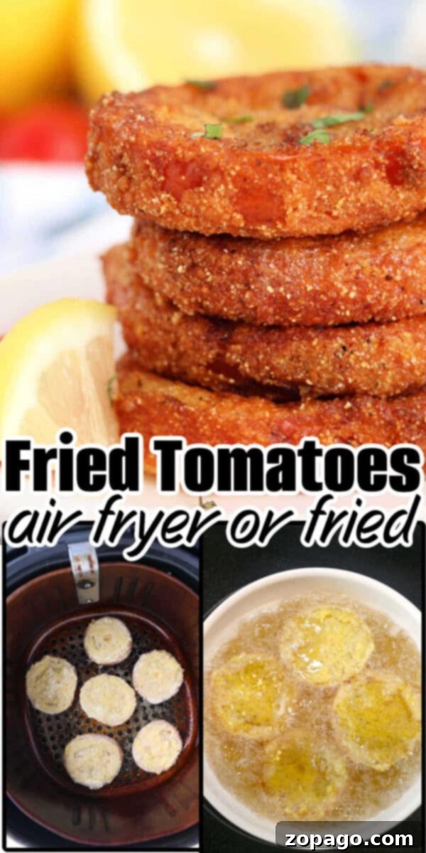 Ruby Red Sizzle 9 Stack of Fried Red Tomatoes, with two images showing tomatoes being cooked in an air fryer and frying in oil.