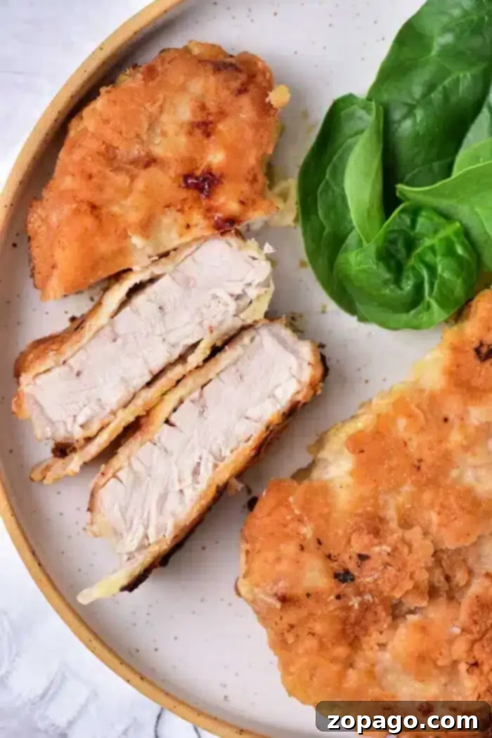 Pork Cutlets 2 A plate featuring breaded and fried pork cube steaks, with one chop sliced to show the tender interior. Fresh spinach leaves are placed beside the chops on the light-colored plate.