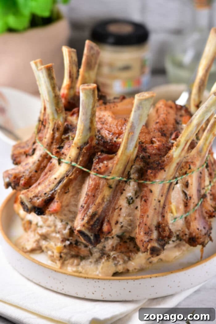 Festive Crown Pork Roast 2 Crown Roast of Pork Recipe - A beautiful and elegantly tied crown roast ready for the oven.
