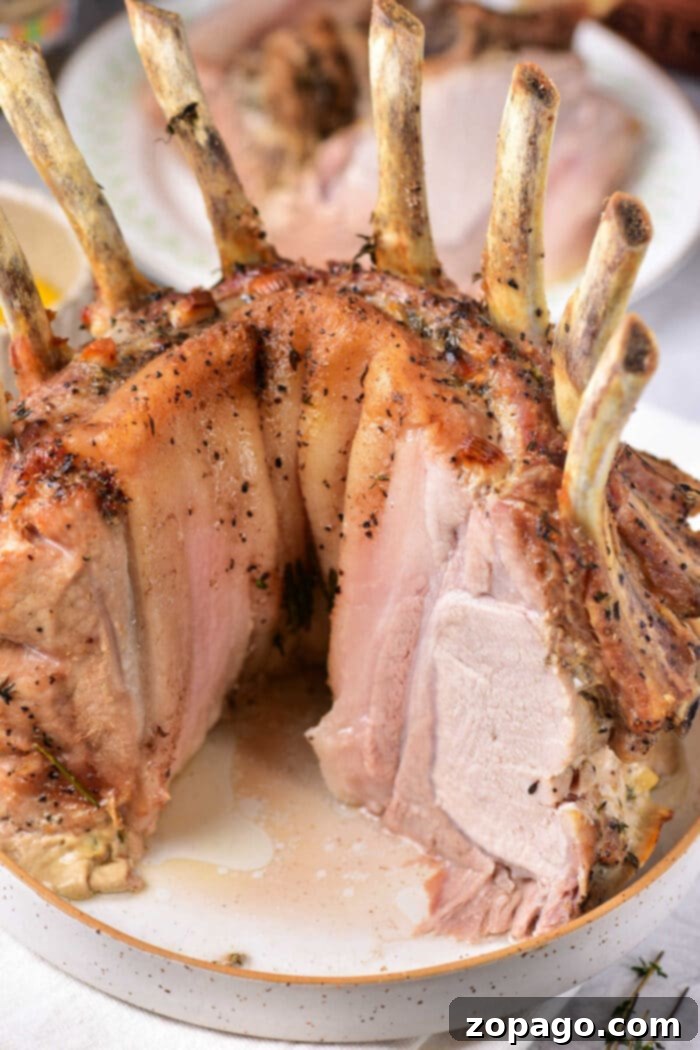 Festive Crown Pork Roast 7 Baked Crown Roast Recipe - A slice of the perfectly cooked pork crown roast with stuffing.