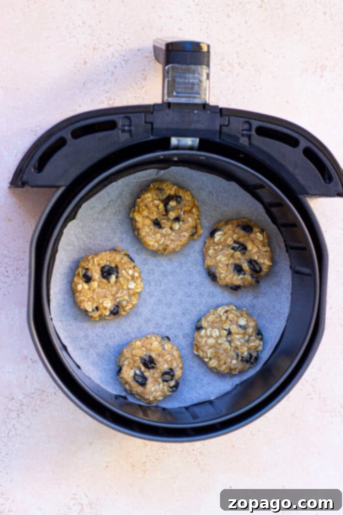 Perfect Air Fryer Oatmeal Cookies 5 A close-up of Air Fryer Oatmeal Raisin Cookies, showcasing their golden-brown edges and plump raisins.