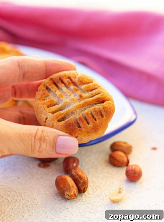 Golden Air Fried Peanut Butter Delights 2 Perfectly golden brown air fryer peanut butter cookies with a classic fork pattern, arranged on parchment paper.