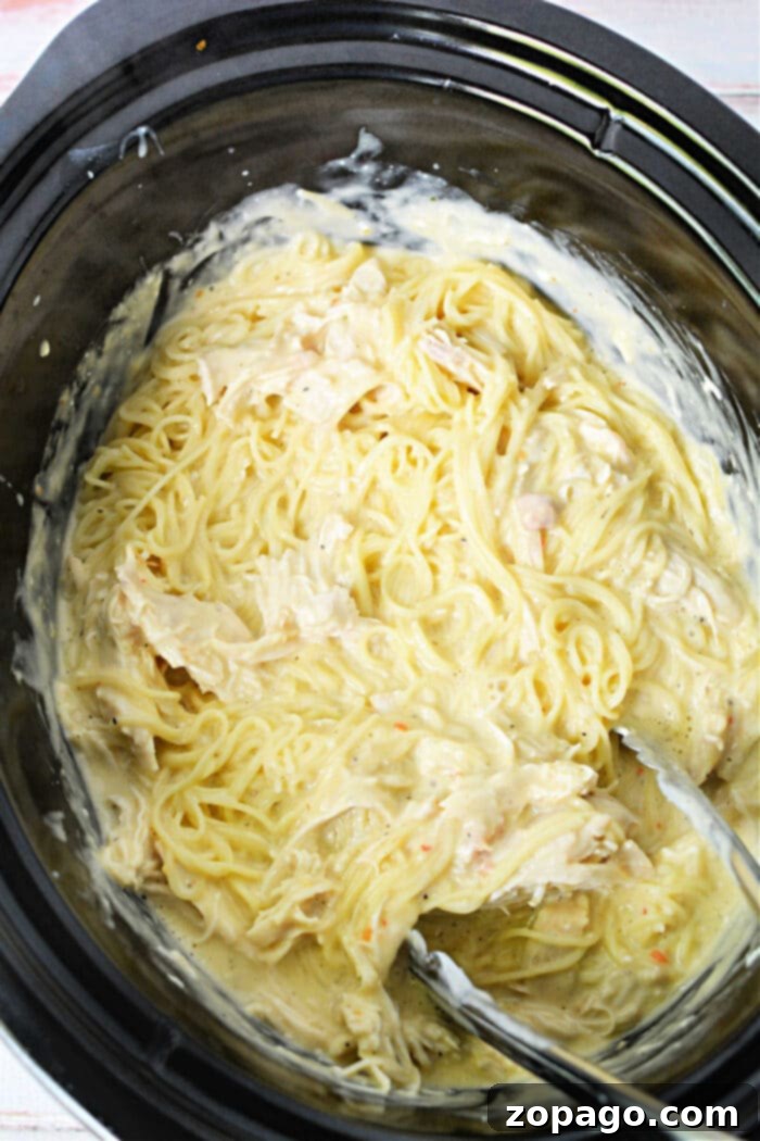 Heavenly Cream of Chicken Crockpot Dinner 2 Angel Crockpot Chicken - creamy pasta with shredded chicken in a black slow cooker