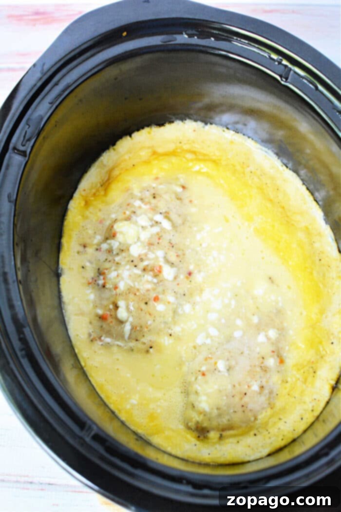 Heavenly Cream of Chicken Crockpot Dinner 4 Slow Cooker Angel Chicken - creamy chicken and sauce ready for pasta