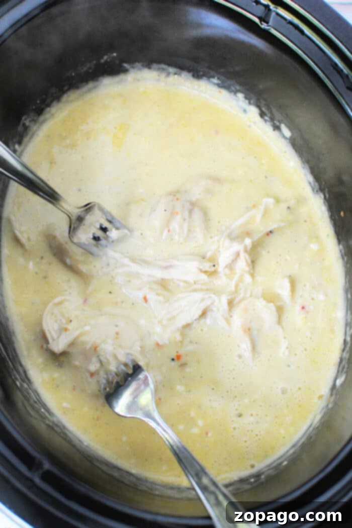 Heavenly Cream of Chicken Crockpot Dinner 5 Crockpot Chicken Cream of Chicken - serving dish with creamy chicken and pasta