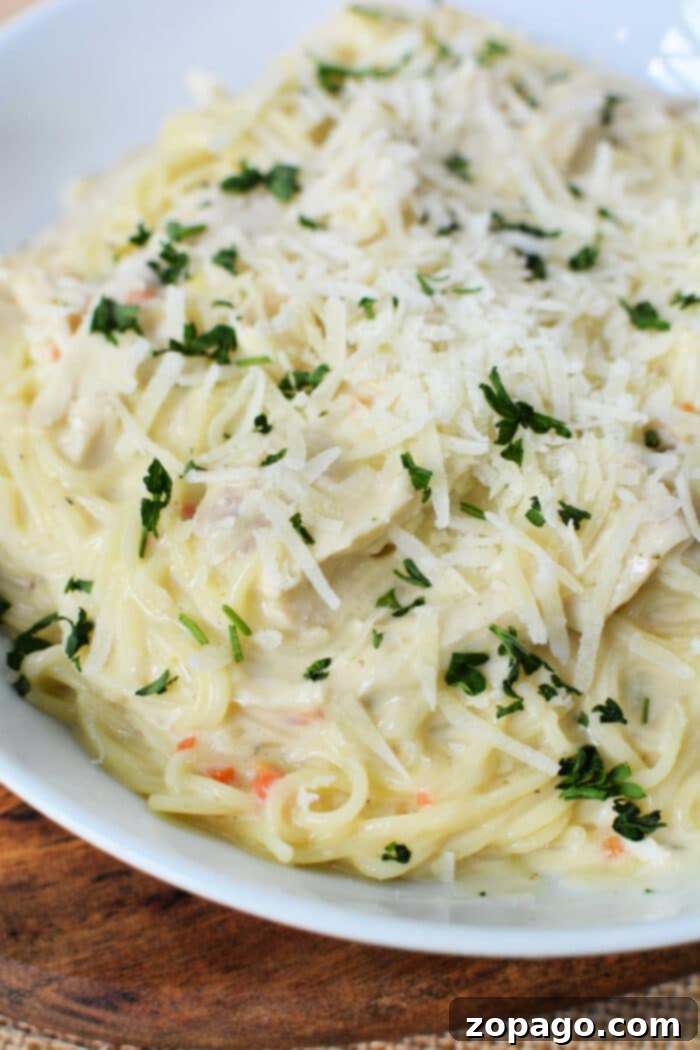 Heavenly Creamy Slow Cooker Chicken 7 Crockpot Chicken with Cream of Chicken Soup: A prepared dish of creamy chicken and pasta, ready to eat.