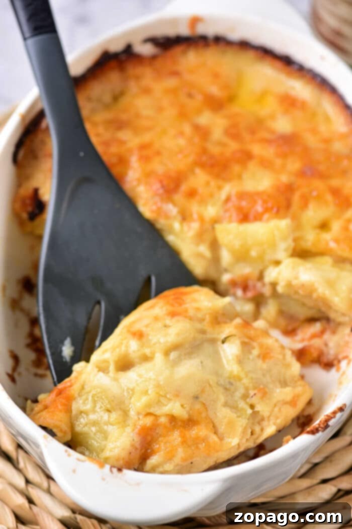 Creamy Dairy-Free Scalloped Potatoes 6 Dairy Free Scalloped Potatoes - Golden brown, bubbly dairy-free scalloped potatoes fresh out of the oven, in a ceramic baking dish.