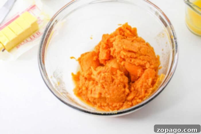 No-Fuss Sweet Potato Casserole with Canned Yams 4 Sweet Potato Casserole with Canned Sweet Potatoes – A delectable sweet potato casserole cooling in a glass baking dish, ready to be enjoyed.