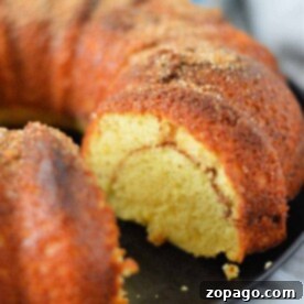 A sliced Snickerdoodle Bundt Cake rests on a black plate, revealing a delightful swirl inside and a crumbly topping.