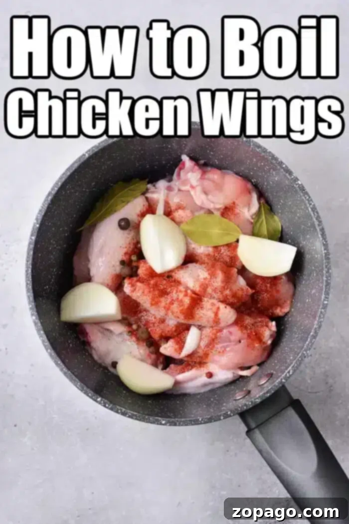 Poached Chicken Wings 3 A pot containing boiled chicken wings with onion pieces, bay leaves, and spices. The text reads "How to Boil Chicken Wings" in bold letters above the pot.