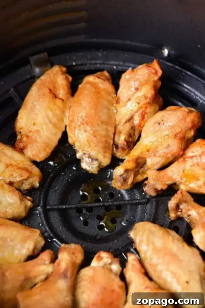 Poached Chicken Wings 5 Golden-brown chicken wings, reminiscent of their tender boiled counterparts, are arranged in a circle inside an air fryer basket.