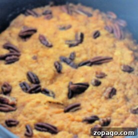 A close-up of pumpkin cake topped with pecans in a black crockpot, reminiscent of a comforting pumpkin dump cake.