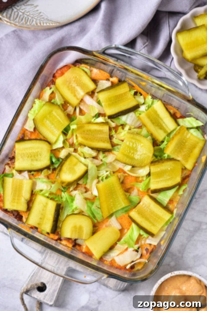 Special Sauce Cheeseburger Casserole 11 Close-up of Big Mac Casserole recipe showing layers of meat, cheese, sauce, and toppings