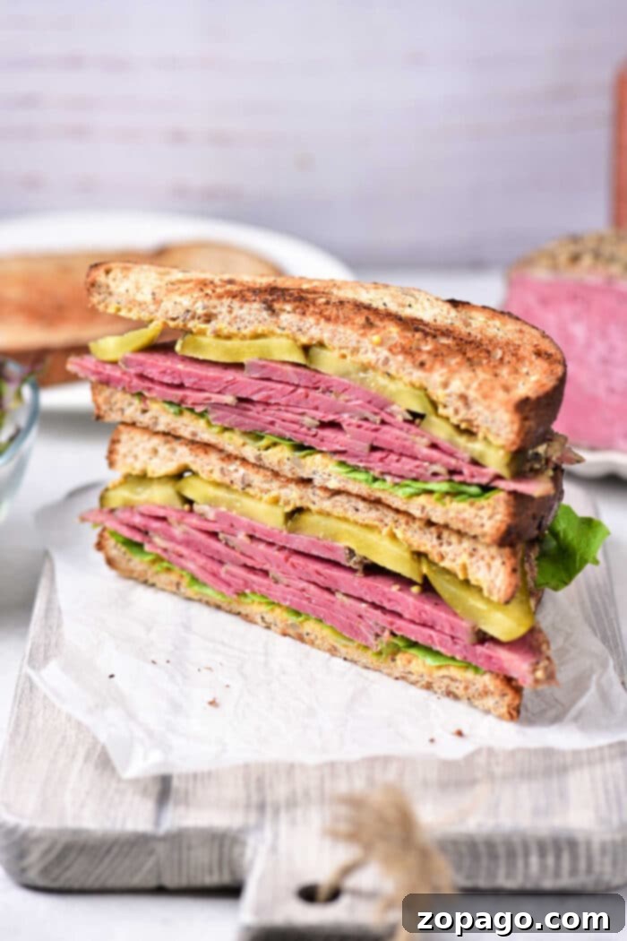 Classic Corned Beef Sandwich 7 A delicious corned beef sandwich with all the fixings, including dill pickles and fresh lettuce.