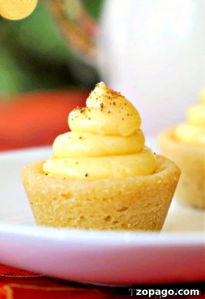 Cookie Cups: Tiny Treats, Big Flavor 6 A delightful arrangement of pudding cookie cups, each featuring a creamy, smooth pudding filling, possibly vanilla or chocolate, and garnished with colorful sprinkles or a light topping. This image showcases a classic dessert presentation.