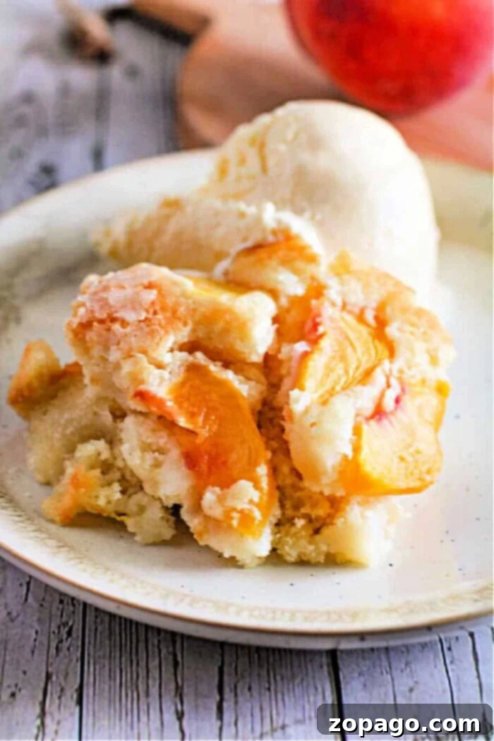 Fresh Peach Crumble 2 A plate of homemade fresh peach dump cake with a scoop of vanilla ice cream, showcasing a perfect summer fruit dessert.