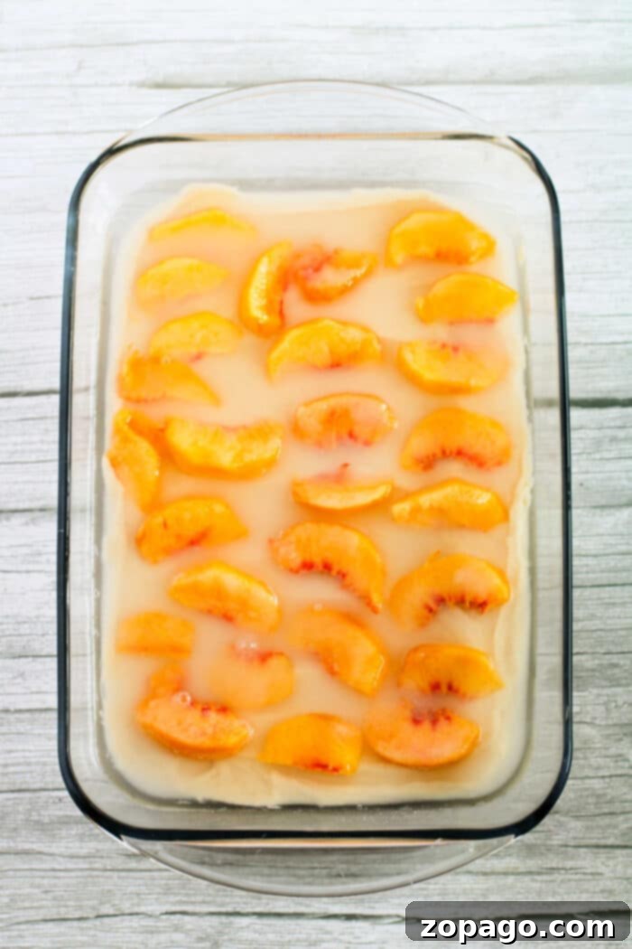 Sweet Summer Peach Dump Cake 3 Close-up of baked Peach Cake with Fresh Peaches, ready to be served.