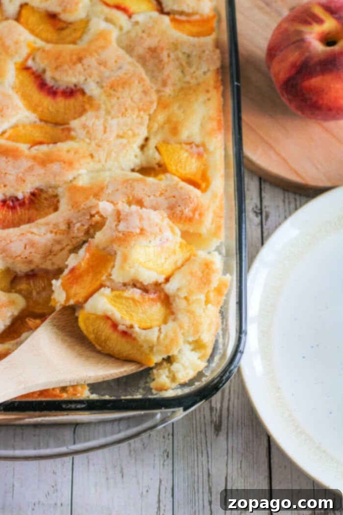 Sweet Summer Peach Dump Cake 4 A glorious slice of Homemade Peach Cobbler Cake, highlighting the juicy fruit and golden crust.