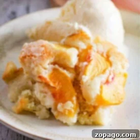 Homemade peach dump cake with a scoop of vanilla ice cream on a white plate, a perfect fresh fruit dessert.