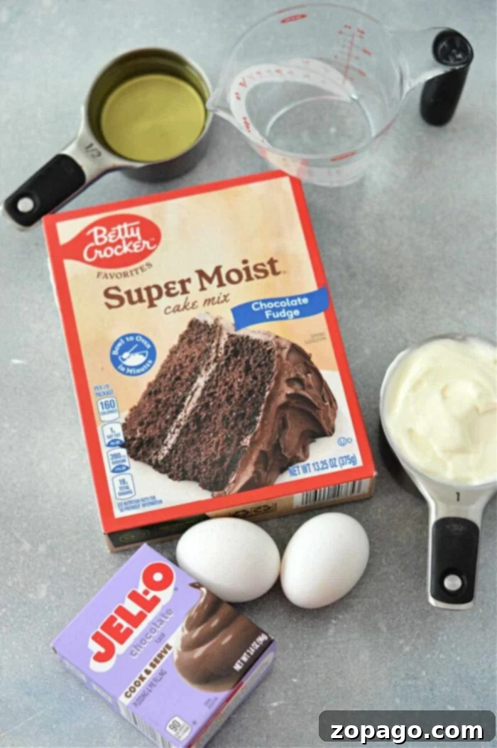 Super Moist Cake Mix with Pudding and Sour Cream 3 A collection of ingredients laid out for baking, prominently featuring a box of Betty Crocker Super Moist chocolate fudge cake mix with pudding, alongside a box of Jell-O chocolate pudding mix. Also visible are two fresh eggs, clear measuring cups containing water and vegetable oil, and a bowl holding a creamy white substance, likely sour cream.