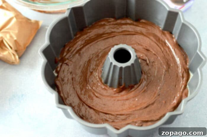 Super Moist Cake Mix with Pudding and Sour Cream 4 A gleaming bundt pan is showcased on a subtle gray countertop, generously filled with rich chocolate cake batter enhanced with pudding. Various baking essentials, including a clear glass mixing bowl and a rustic brown paper bag, are artfully arranged around the pan, hinting at the baking process.