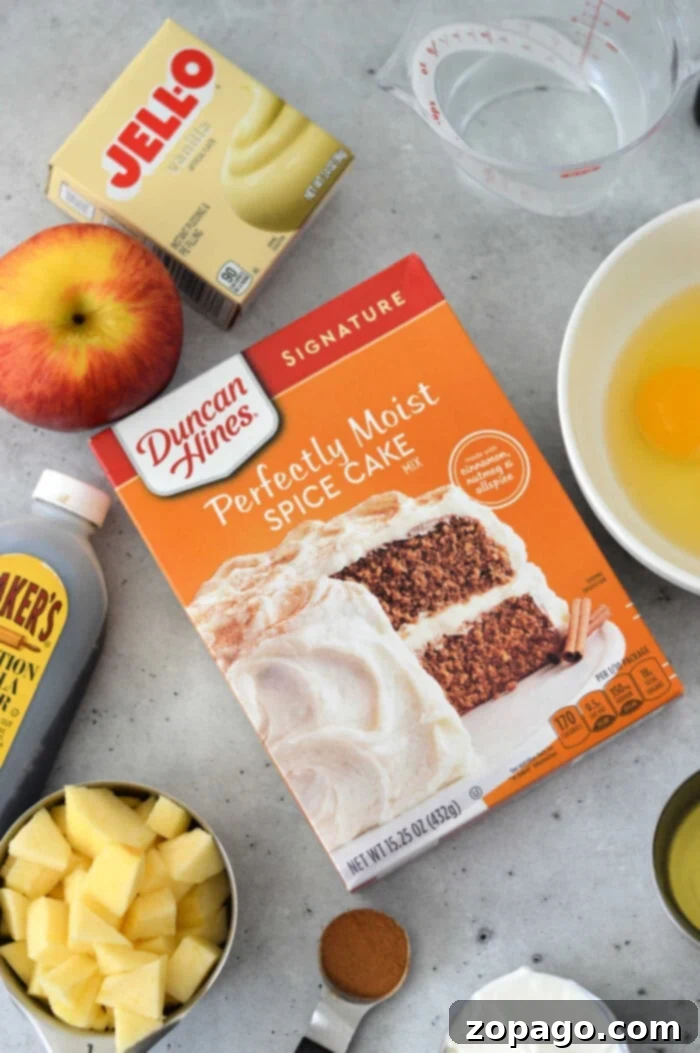 Easy Apple Cake from a Box Mix 2 An array of tempting ingredients awaits on the kitchen counter: a box for Apple Cake with Cake Mix, creamy pudding, aromatic cinnamon, chopped apples, an egg, golden syrup, and a trusty measuring cup to tie it all together.