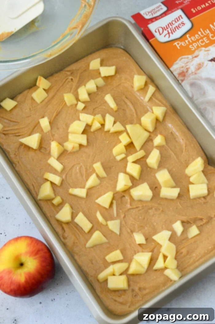 Easy Apple Cake from a Box Mix 4 A baking pan filled with apple cake batter, nestled between a fresh apple and a convenient cake mix box, is ready to transform into a delicious apple cake with cake mix.