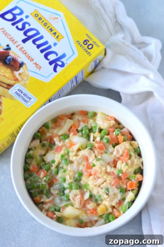 Easy Chicken Cobbler Bake with Bisquick 5 Golden-crusted chicken cobbler in a baking dish, ready to serve