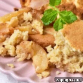 Close-up of a delectable apple crumble with ice cream on a pink plate, reminiscent of a pear upside down cake, garnished with a fresh sprig of mint.