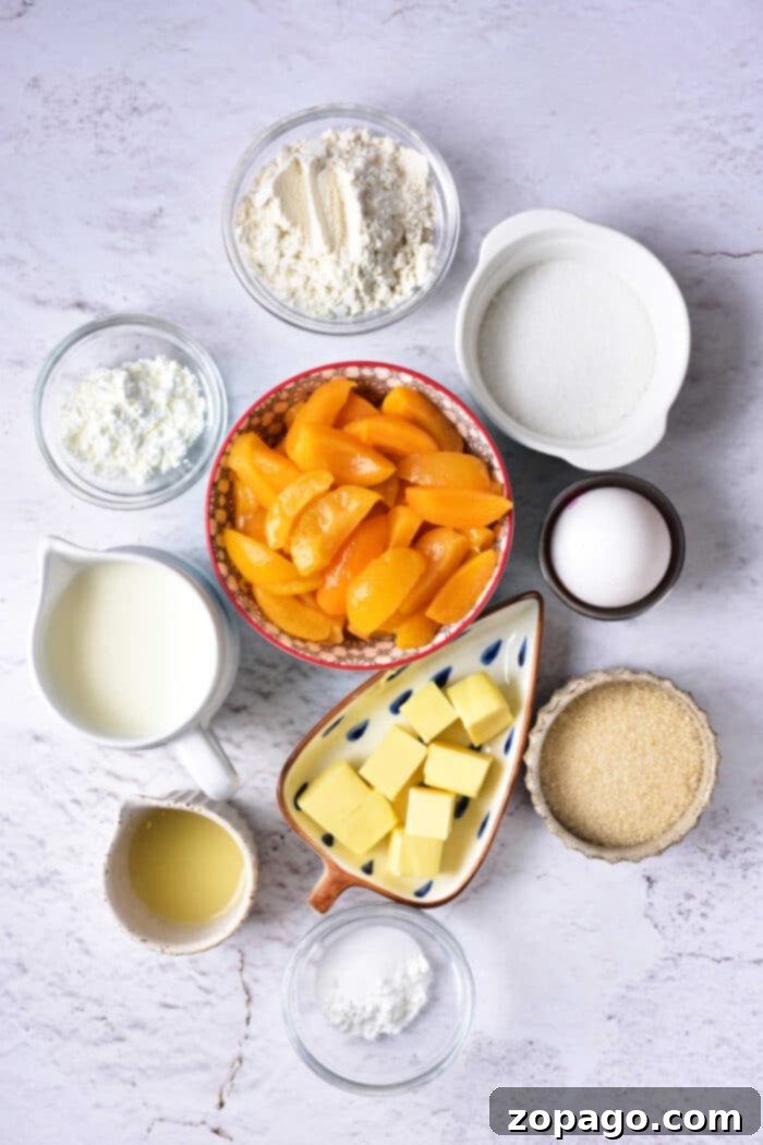 Golden Apricot Delight 3 Ingredients laid out for a delightful apricot cobbler recipe, including juicy apricots, flour, sugar, butter, milk, and eggs.