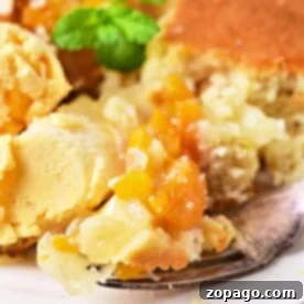 Close-up of a plate with a delightful mix of peach and apricot cobbler, topped with a scoop of vanilla ice cream and garnished with fresh mint leaves.