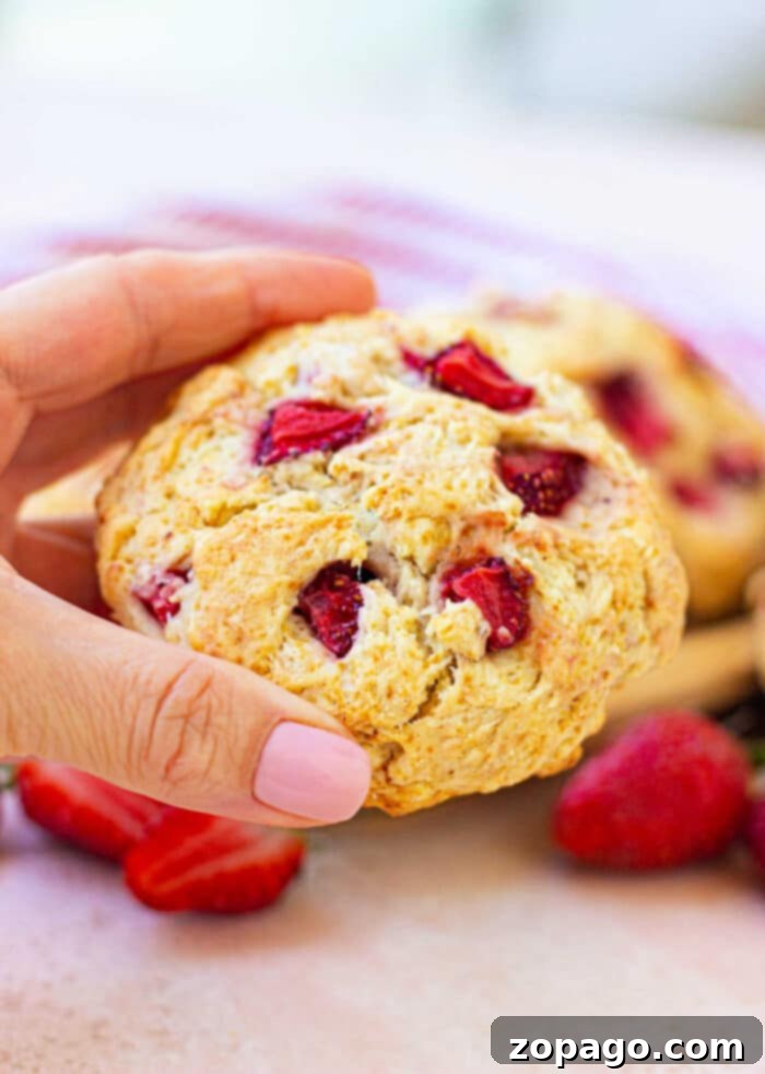 Popeyes Style Homemade Strawberry Biscuits 2 A hand holding a strawberry biscuit with visible pieces of the luscious fruit, reminiscent of a delightful strawberry biscuit, against a light background.