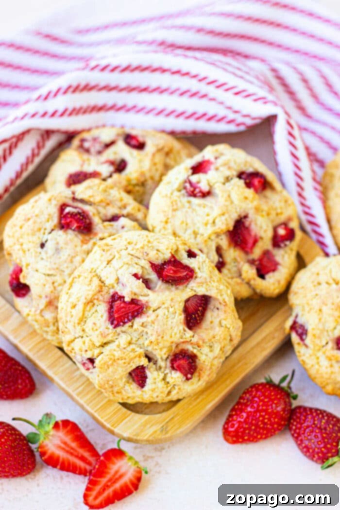 Popeyes Style Strawberry Biscuits 6 A collection of freshly baked strawberry biscuits, some with a light glaze, arranged on a rustic wooden tray with fresh strawberries scattered around, ready to be enjoyed.