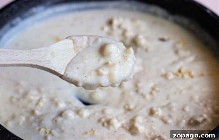 Pillowy Plant-Based Biscuits with Savory Gravy 5 A close-up shot of creamy vegan gravy simmering in a rustic cast-iron pot, with a wooden spoon lifting a portion, ready to be served over warm biscuits.