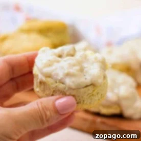 Pillowy Plant-Based Biscuits with Savory Gravy 7 A hand holds a biscuit topped with creamy white vegan gravy, with more vegan biscuits in the background, ready to be enjoyed.