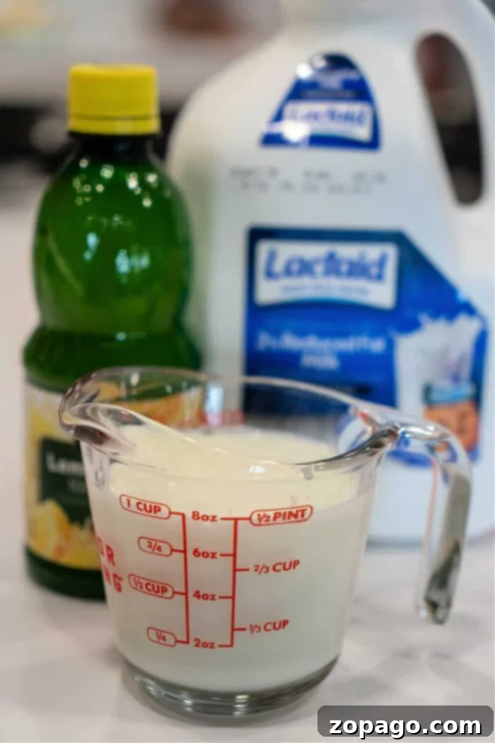 Homemade Buttermilk Using Lemon Juice 4 A close-up view of milk beginning to curdle in a glass measuring cup after lemon juice has been added, showing the initial stages of homemade buttermilk formation.