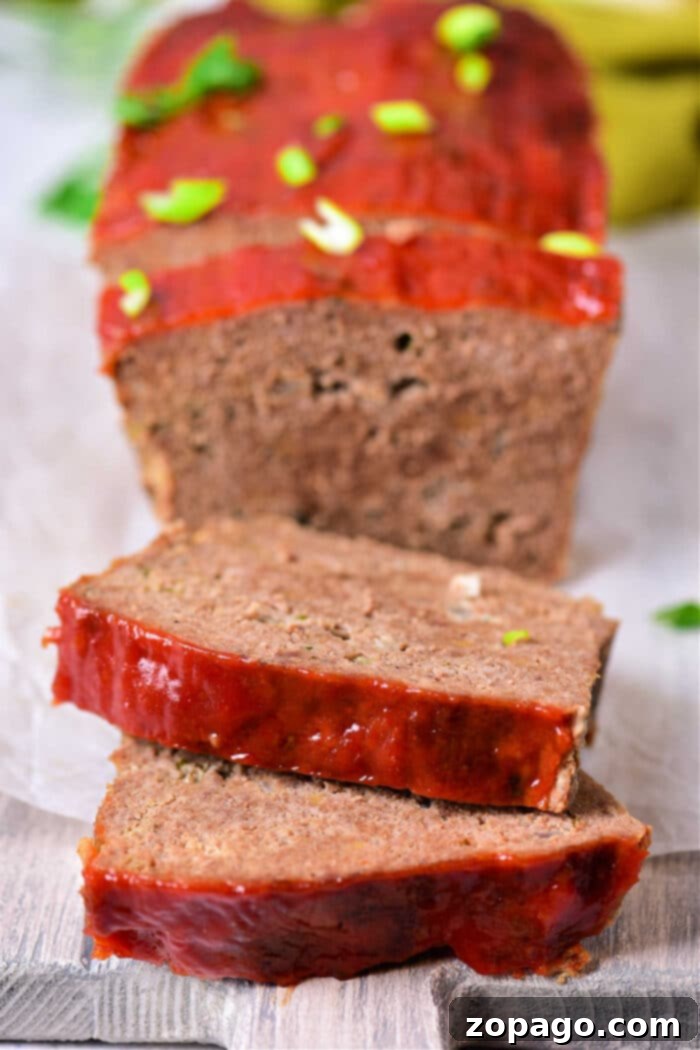 The finished Venison Meatloaf Recipe, sliced and ready for serving.