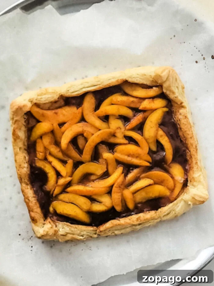 Golden Flaky Tart 6 Elegant peach tart with a golden, flaky crust, garnished and ready to serve.