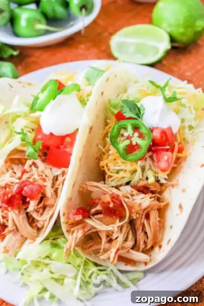 Kickin' Rotel Tacos 7 Two Rotel tacos filled with shredded chicken, diced tomatoes, shredded cheese, jalapeño slices, sour cream, and lettuce on a white plate. A halved lime and extra jalapeños are in the background.