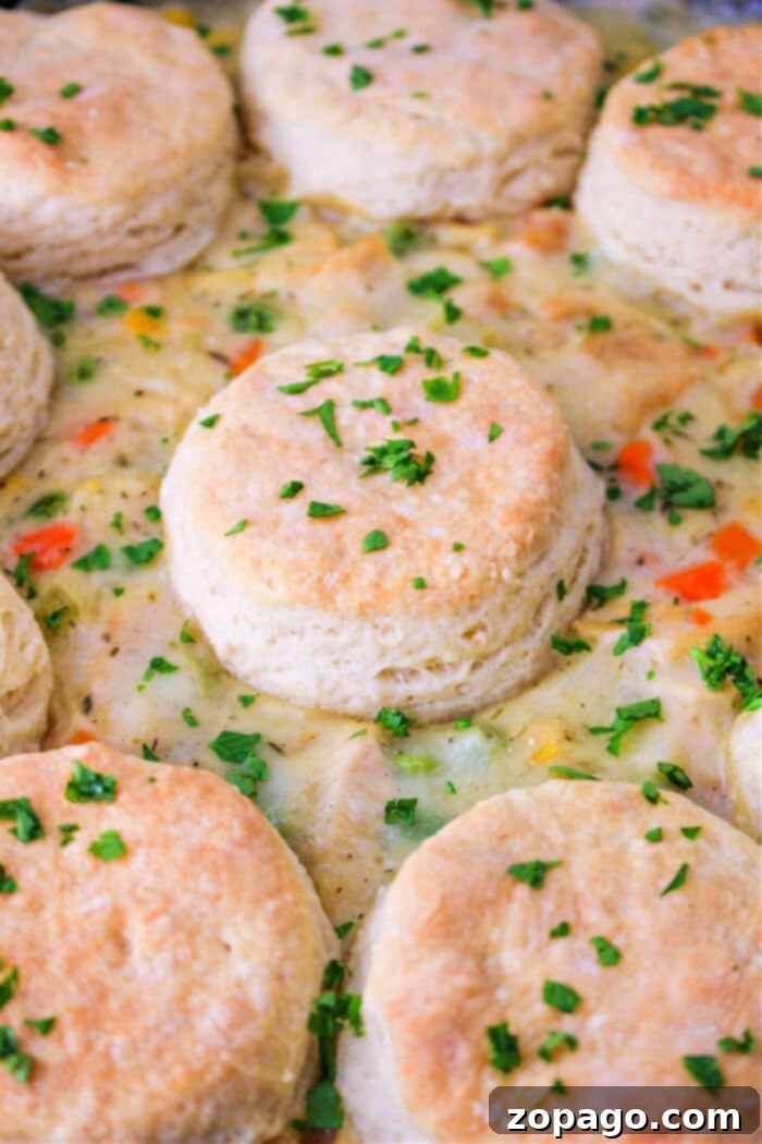 Turkey Pot Pie with Biscuits cooked in a skillet, ready to serve.