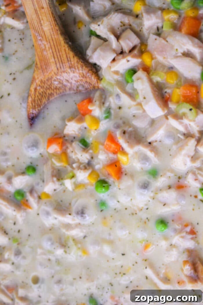 A close-up of a chicken pot pie with biscuits, showcasing the flaky topping.
