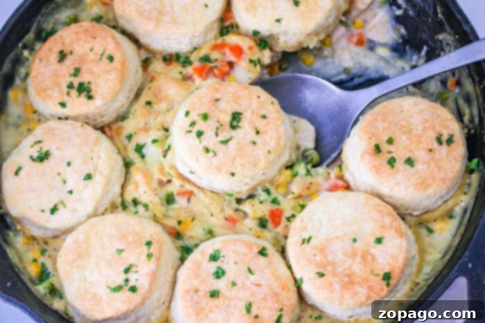 Pot Pie with Refrigerated Biscuits in a skillet, garnished and ready for serving.