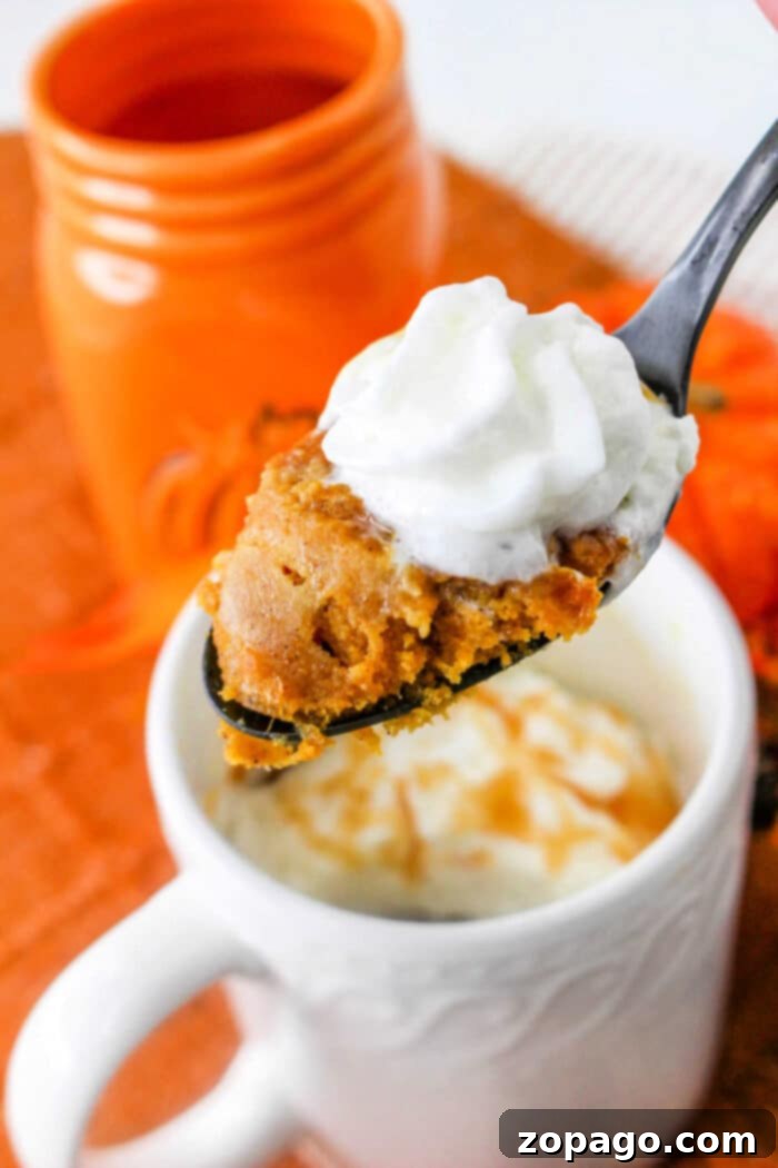Autumn Pumpkin Mug Magic 2 Mug Cake Pumpkin - A warm, inviting pumpkin mug cake topped with whipped cream, perfect for a quick dessert.