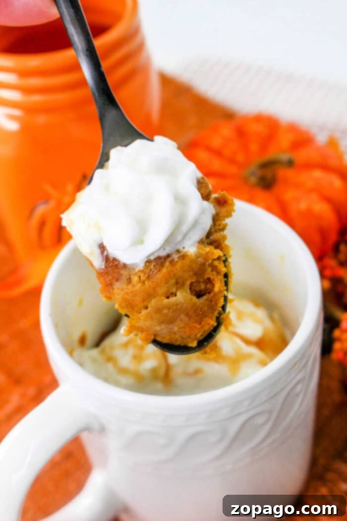 Autumn Pumpkin Mug Magic 6 Pumpkin Mug Cake - A beautifully baked pumpkin mug cake, garnished and ready for a satisfying moment.