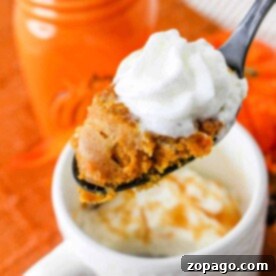 Autumn Pumpkin Mug Magic 7 A spoonful of pumpkin mug cake with whipped cream sits invitingly atop a white mug, accompanied by an orange jar.