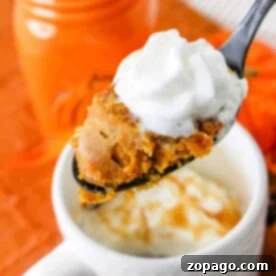 Spiced Pumpkin Mug Delight 7 A spoonful of pumpkin mug cake with whipped cream sits invitingly atop a white mug, accompanied by an orange jar.