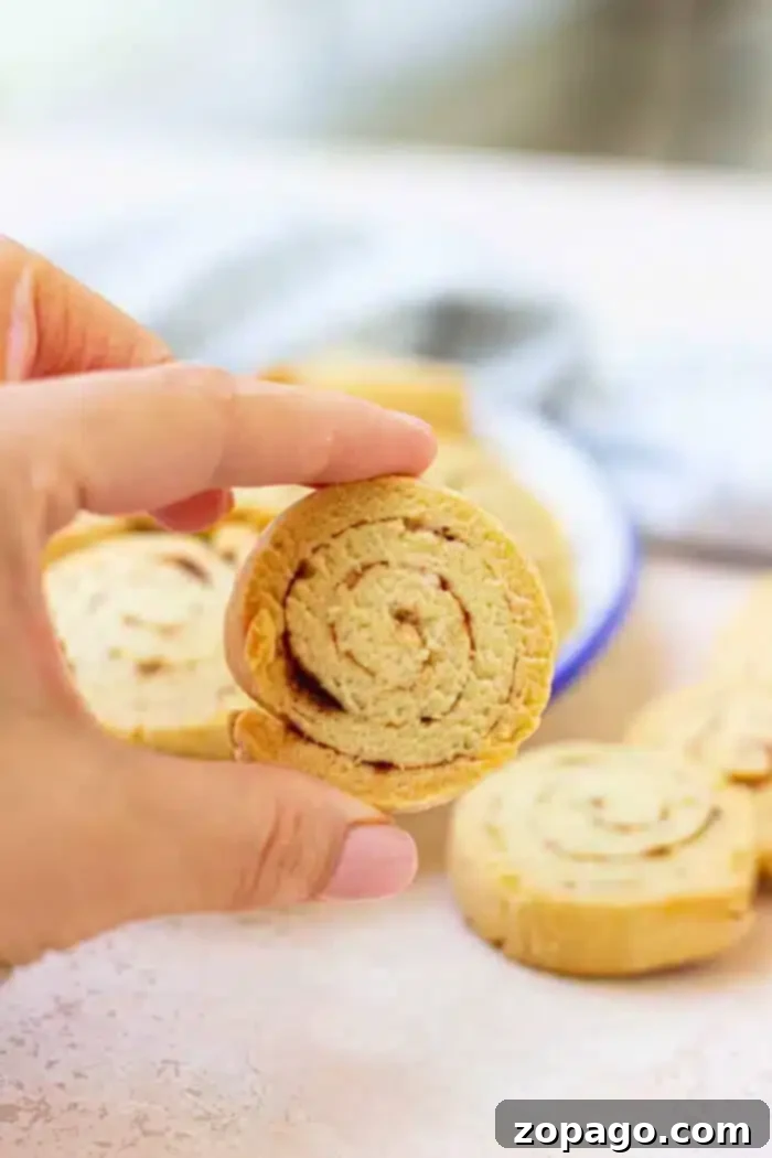 Cozy Cinnamon Swirl Cookies 2 A hand holding a round, swirled slice of homemade shortbread cookie. More cinnamon biscuits of the same type are visible in the background on a white surface, with a blue-rimmed dish partially visible holding some cookies.