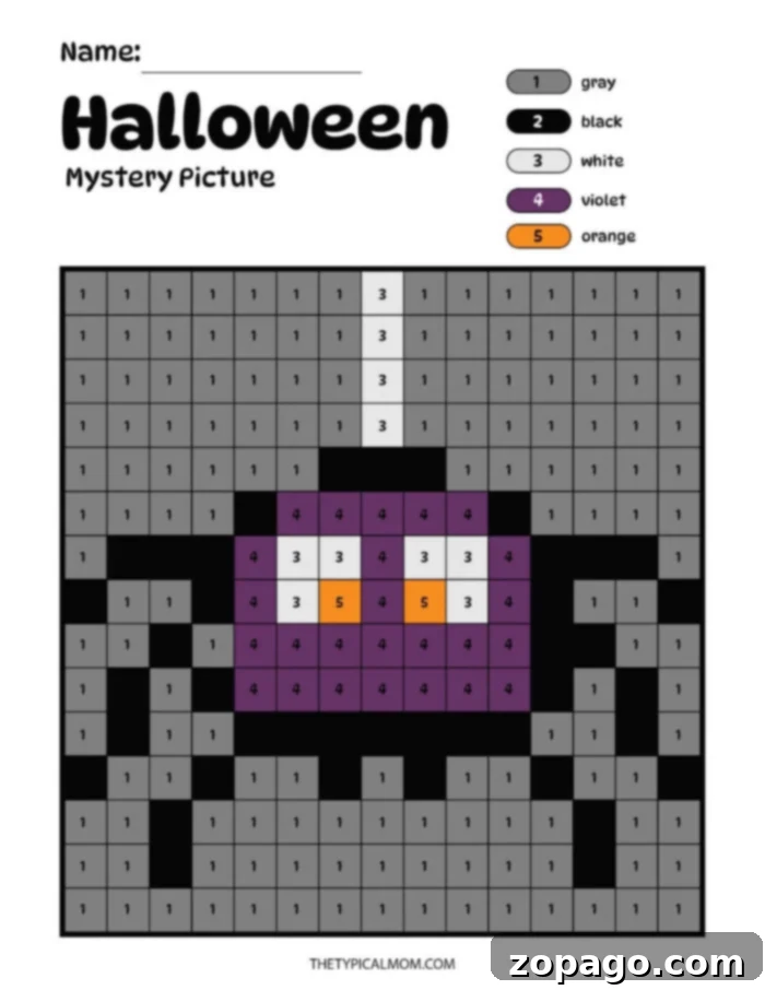 Free Printable Spooky Halloween Color by Number Fun 4 Hidden Pictures Halloween coloring page showing a partially colored spooky ghost design