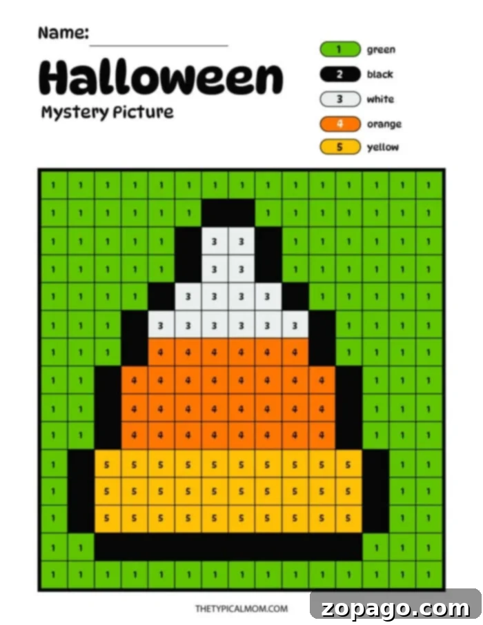 Free Printable Spooky Halloween Color by Number Fun 5 Halloween mystery picture showing a detailed, partially colored Halloween design