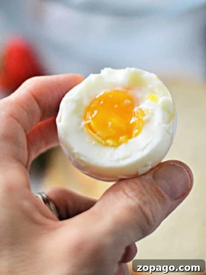 Perfect Toaster Oven Hard Boiled Eggs 2 A hand delicately cradles a hard-boiled egg, its perfectly cooked yolk hinting at the ease of preparation in a toaster oven.